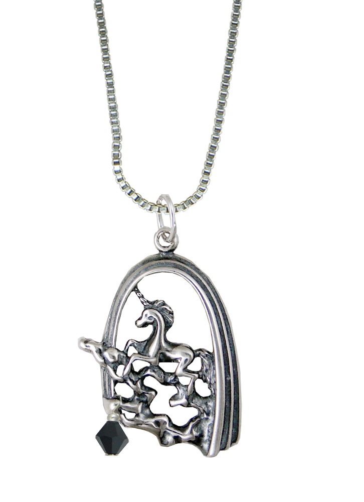 Sterling Silver Unicorn of Dreams Pendant With Black Crystal